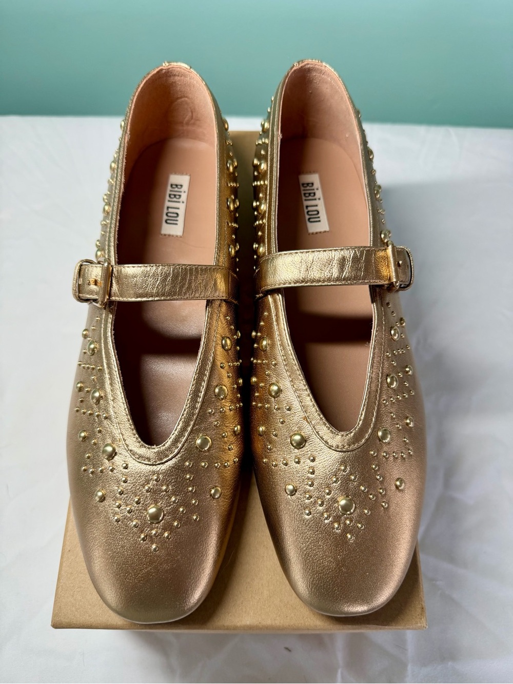 BiBi Lou Gold Studded Mary Jane Flats